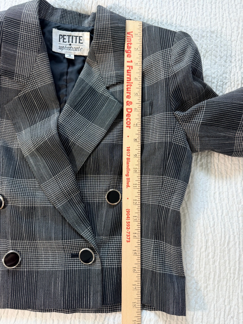 Petite Sophisticate Black & Gray Plaid Double-Breasted Blazer - Picture 8 of 8